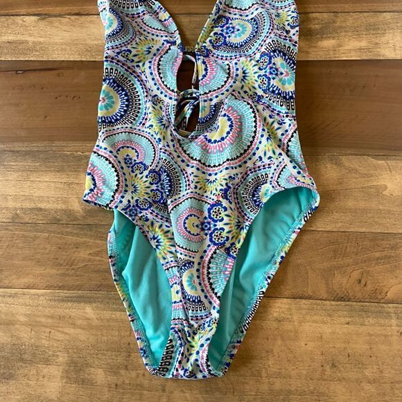 Bar III Women's Printed Plunge Lace Up Back One-Piece Swimsuit, Blue Multi, Smal - Picture 3 of 7